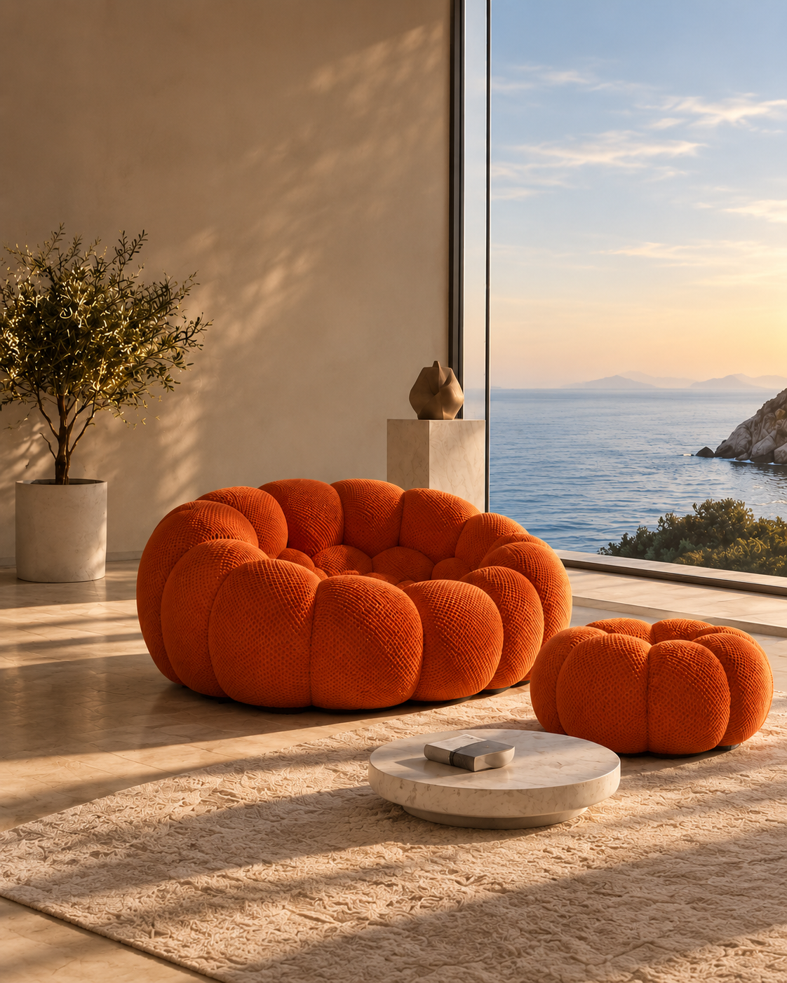 Fauteuil Bubble orange avec repose-pieds dans un intérieur premium face à la mer